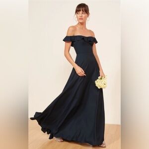 Women’s Reformation Bridesmaids Dress Sz 8 Verbena Navy Blue Off Shoulder Long